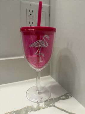 Pink Rhinestone Flamingo Stemmed Tumbler with Lid and Straw